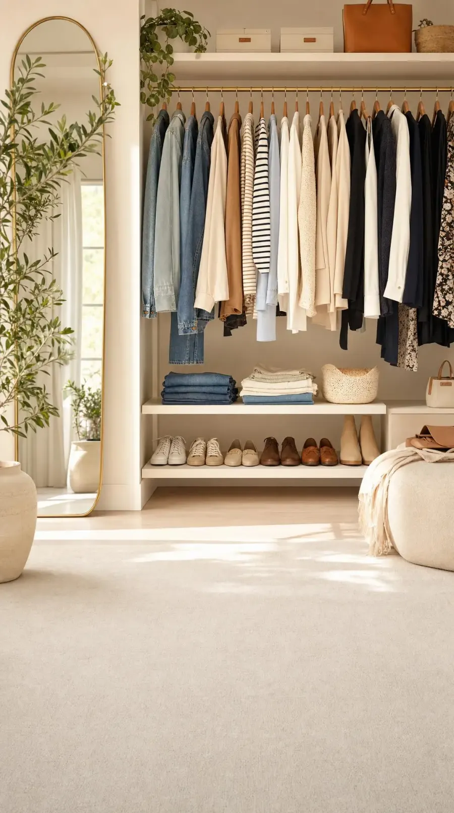 A calm, sunlit wardrobe with denim, knitwear, and shirts on wooden hangers